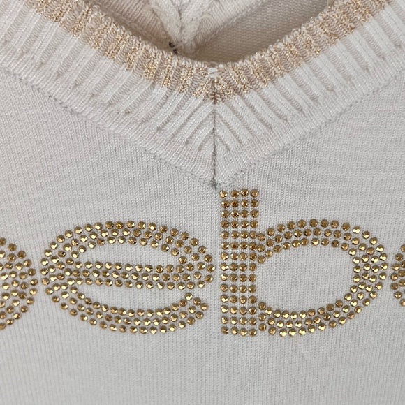 NWT Bebe White and Gold Rhinestone 3/4 sleeve V-Neck Knit Top Fitted Sweater S M - Picture 15 of 15